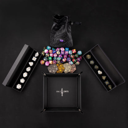 Stone Dice Bundle display featuring collectible dice sets, rolling tray, and accessories by Only Crit