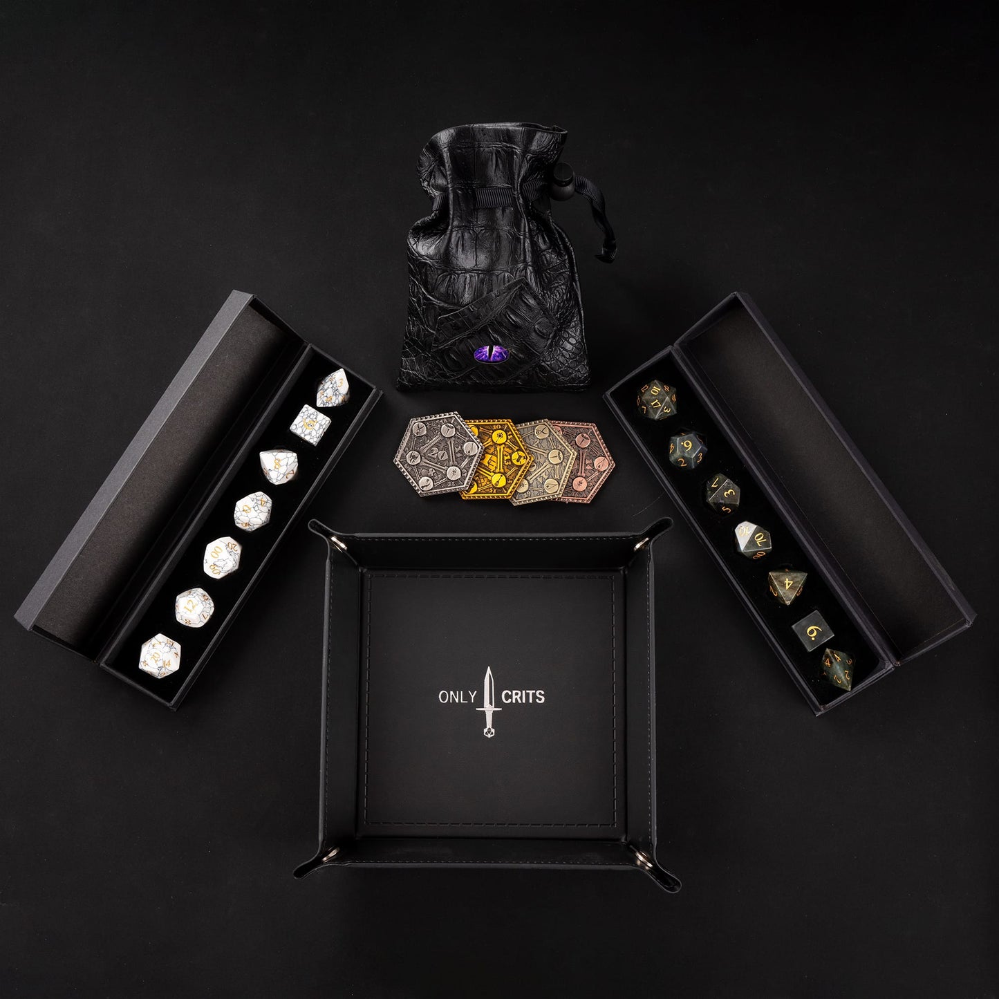 Stone Dice Bundle with premium stone dice sets, rolling tray, dice bag, and Only Crits accessories