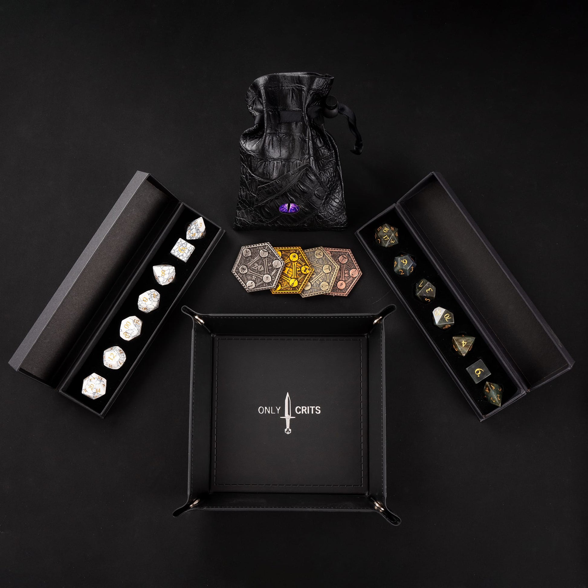 Stone Dice Bundle with premium stone dice sets, rolling tray, dice bag, and Only Crits accessories