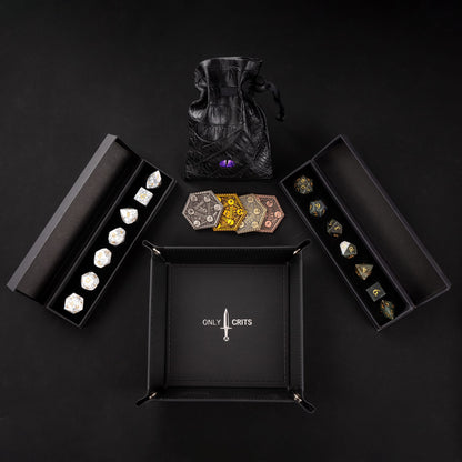 Stone Dice Bundle with premium stone dice sets, rolling tray, dice bag, and Only Crits accessories