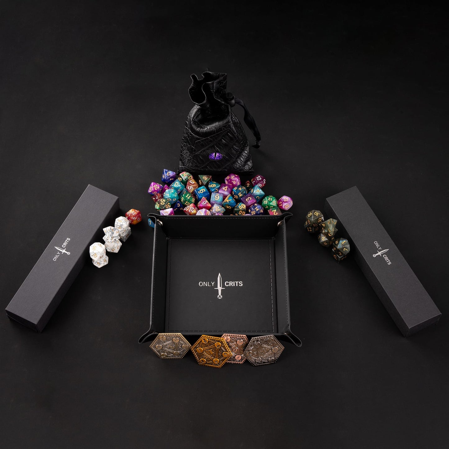 Premium Stone Dice Bundle layout featuring rolling tray, dice bag, collectible dice, and accessory pieces