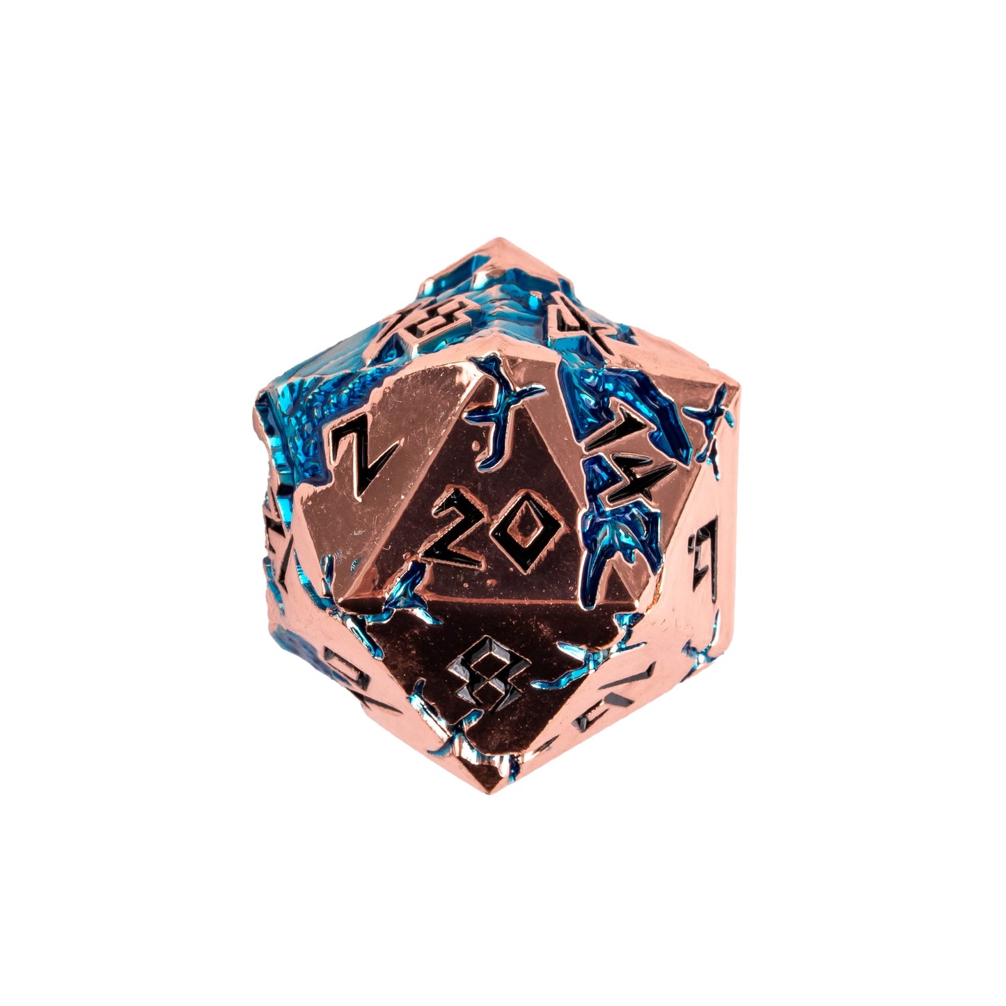 Close up of Stormwake Dragon metal D20 featuring silver metal edges, white numbering