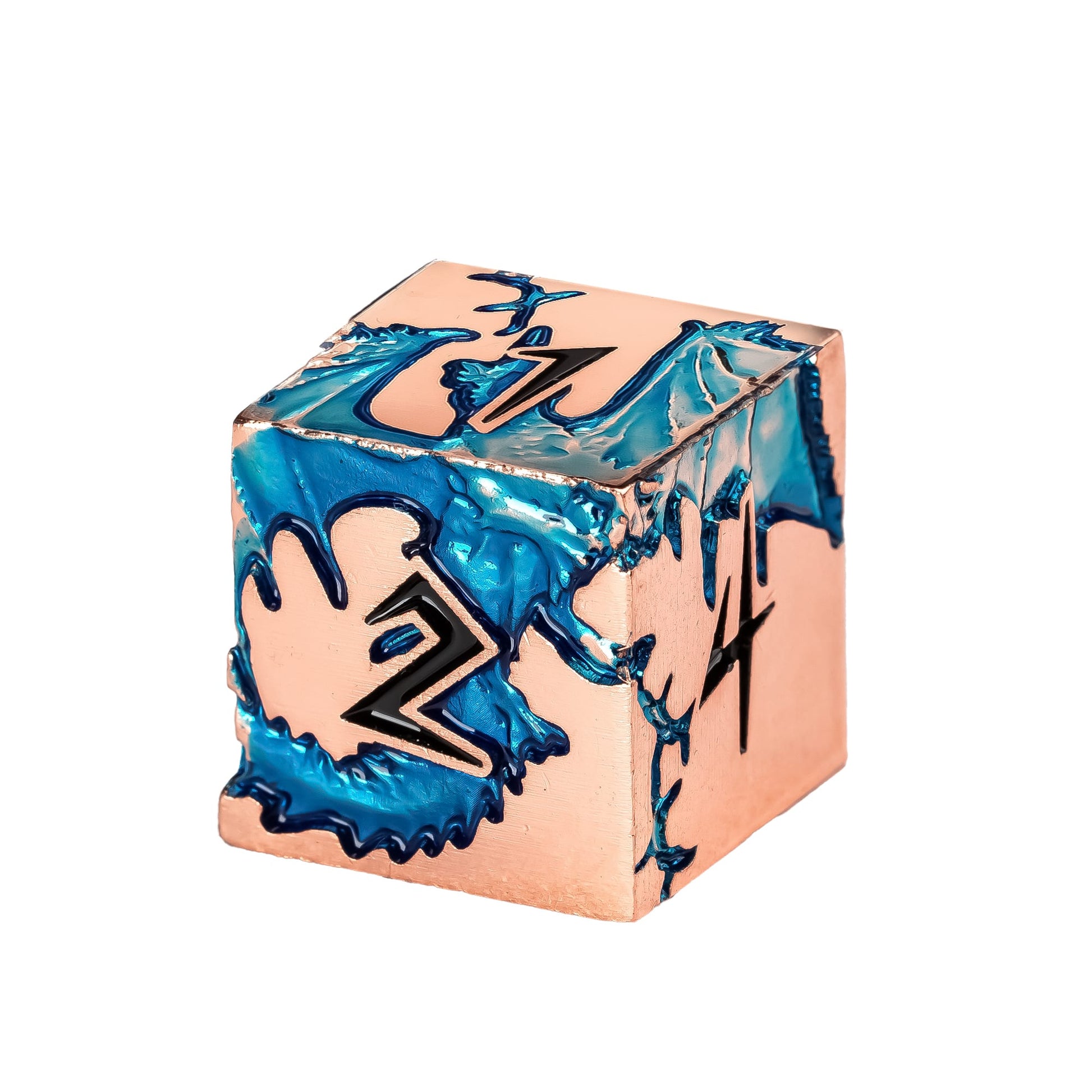Close up of Stormwake Dragon metal D6 with rose gold finish and ocean blue inlaybackground