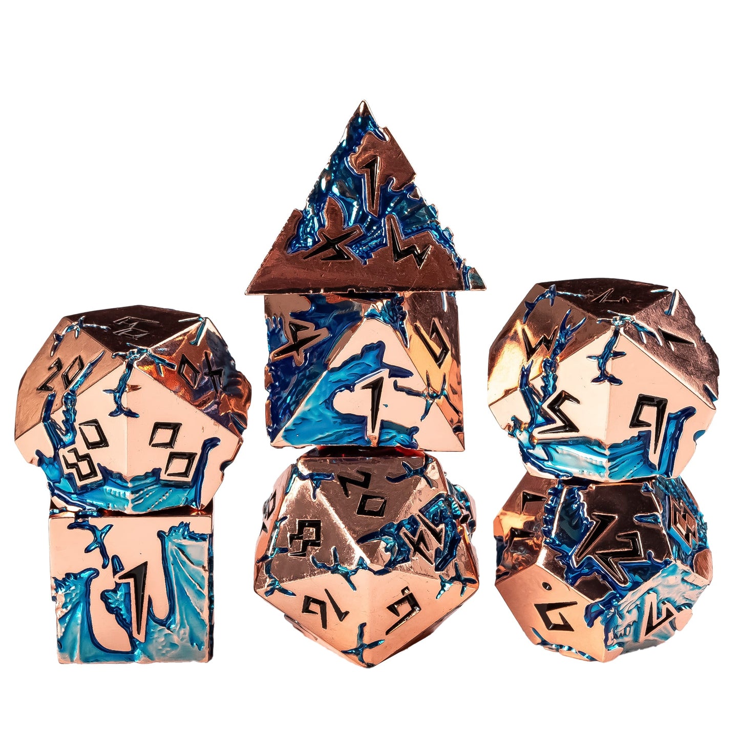 Stacked Stormwake Dragon metal dice set with rose gold finish and blue inlay for DnD