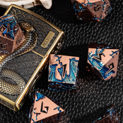 Stormwake Dragon metal dice shown with decorative dragon metal dice case