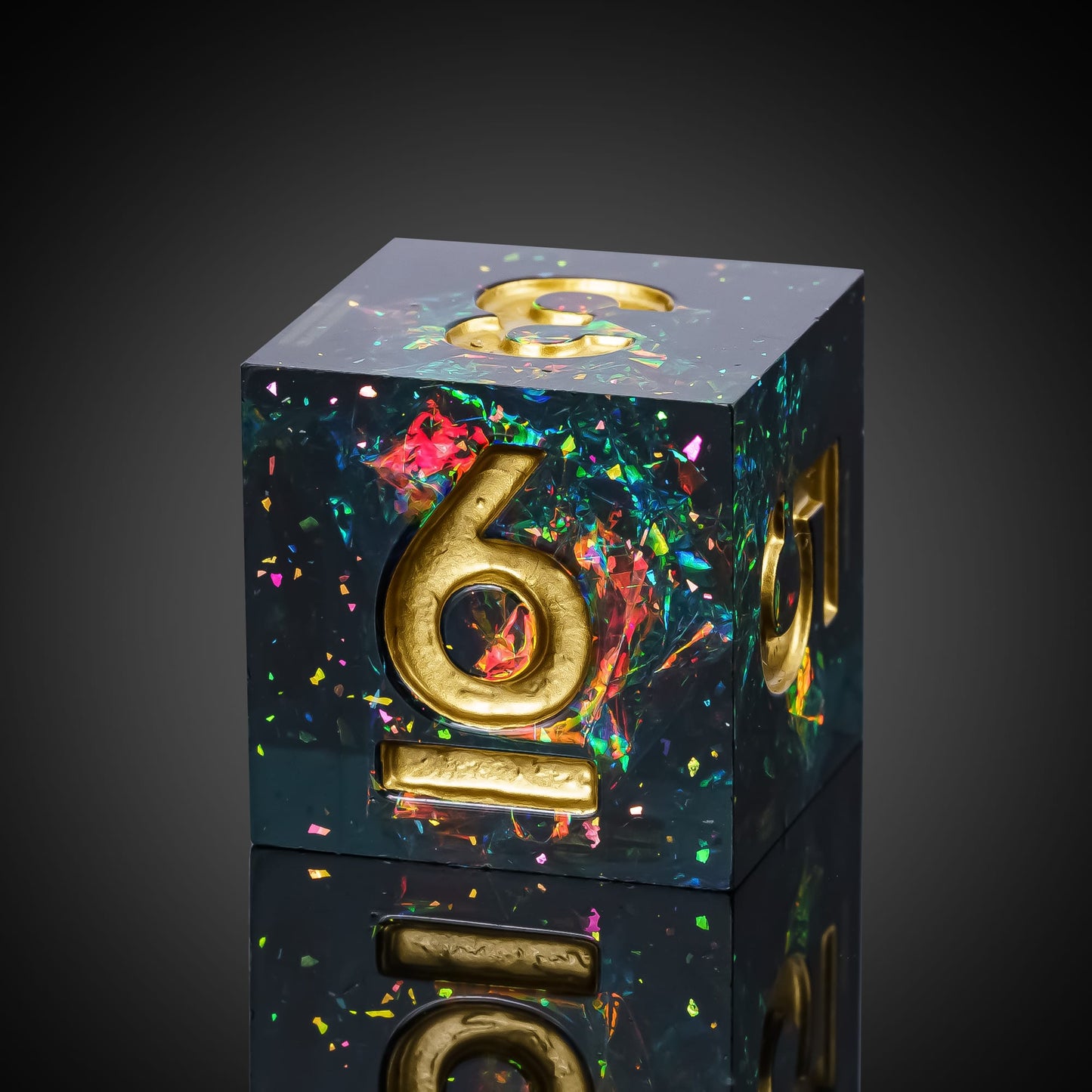 Supernova Remnant D6 with gold 6 and colorful foil flakes in dark resin