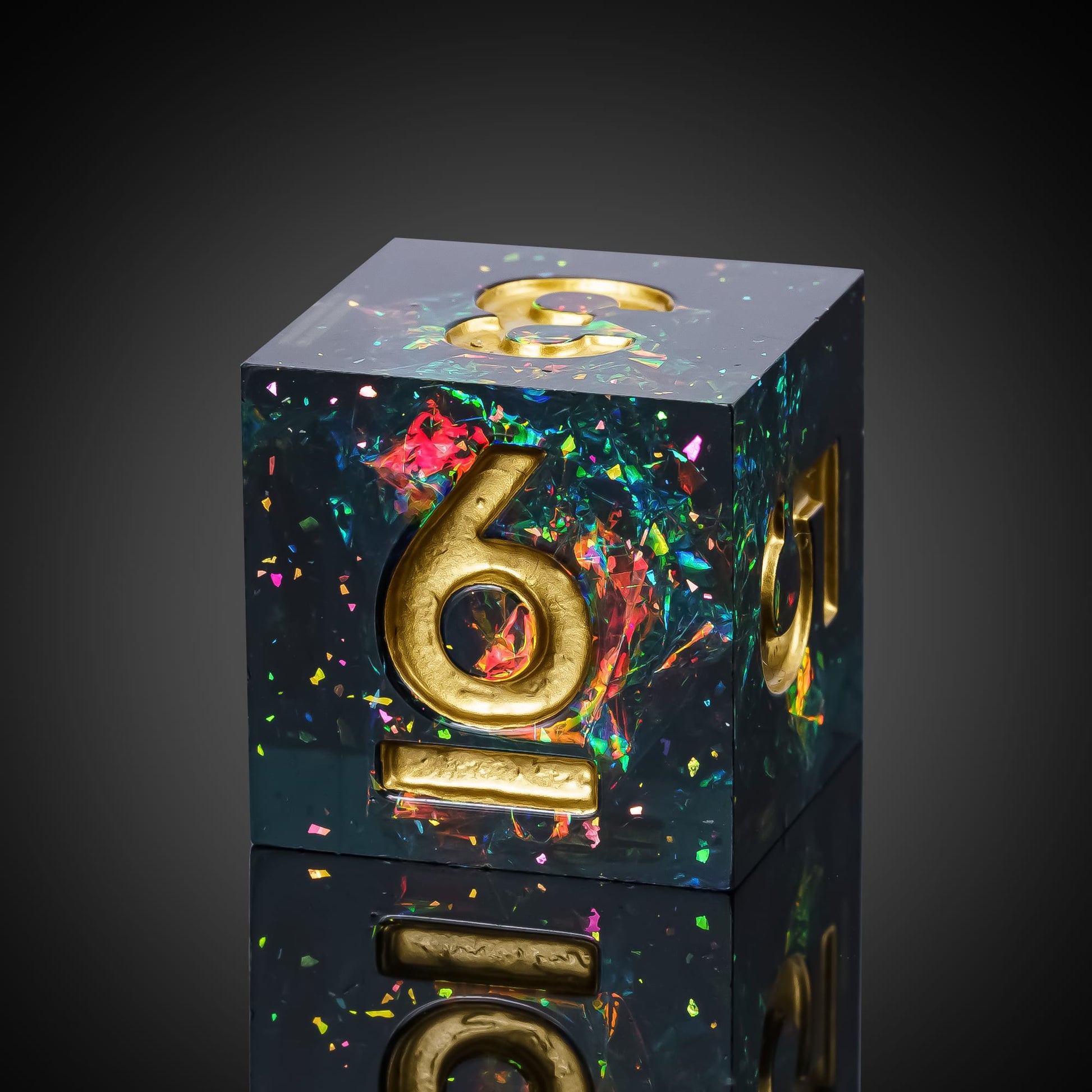 Supernova Remnant D6 with gold 6 and colorful foil flakes in dark resin