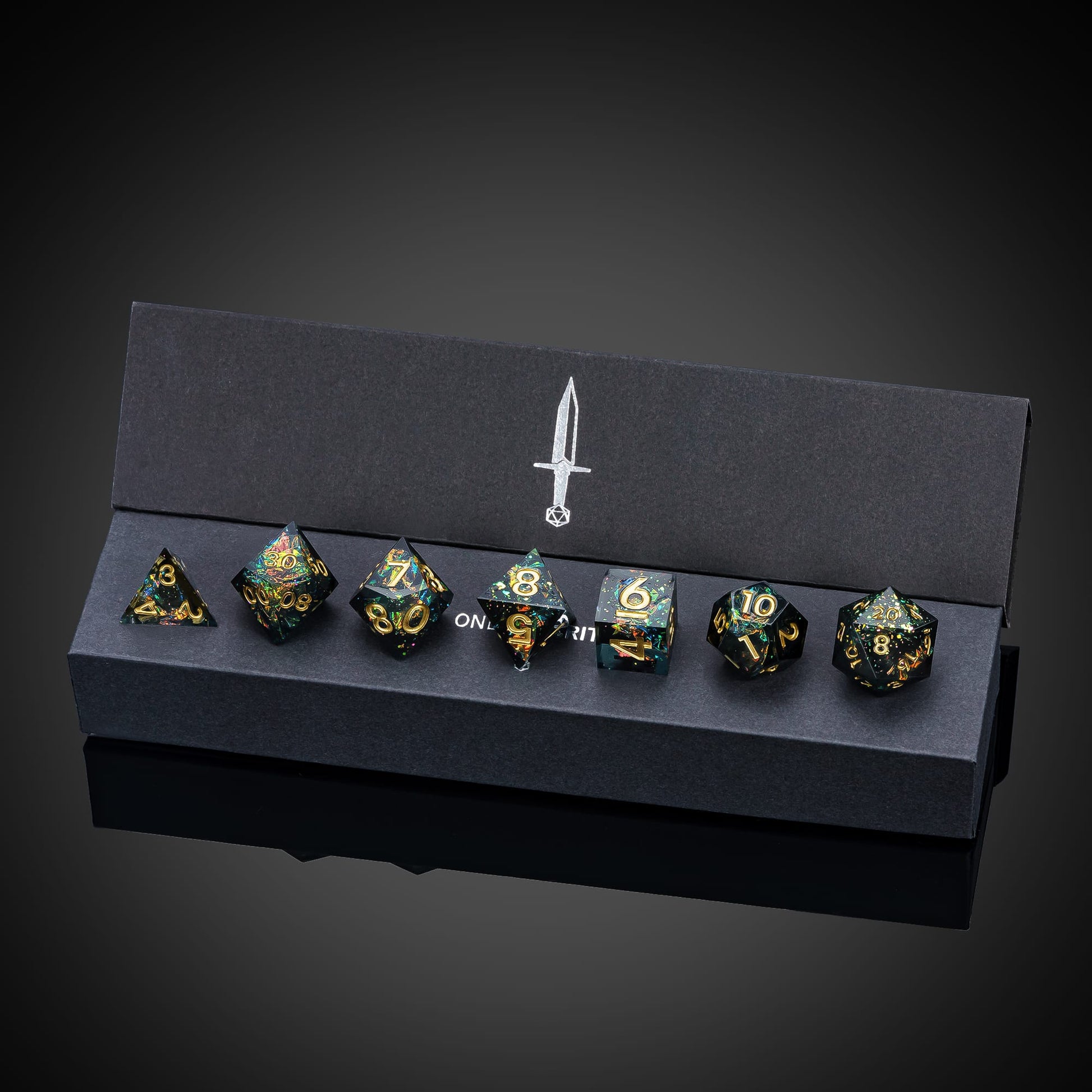 Supernova Remnant sharp edge dice set arranged inside black presentation box
