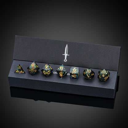 Supernova Remnant sharp edge dice set arranged inside black presentation box