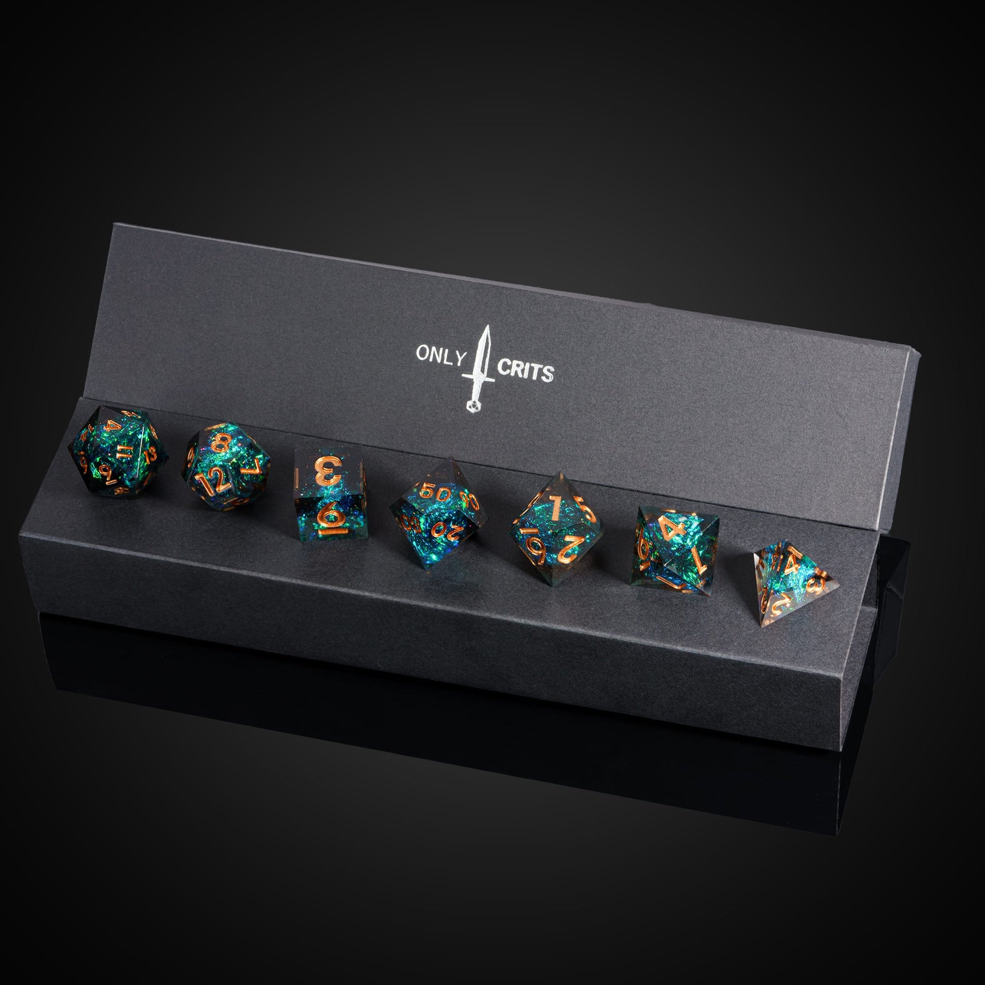 Supernova Remnant sharp edge dice on Only Crits display case