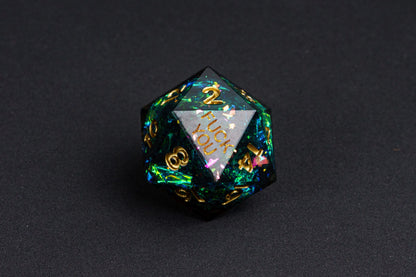 Close up of Supernova Remnant F*ck Me Sharp Edge D20 dice with galaxy-like shimmer for DnD & TTRPGs
