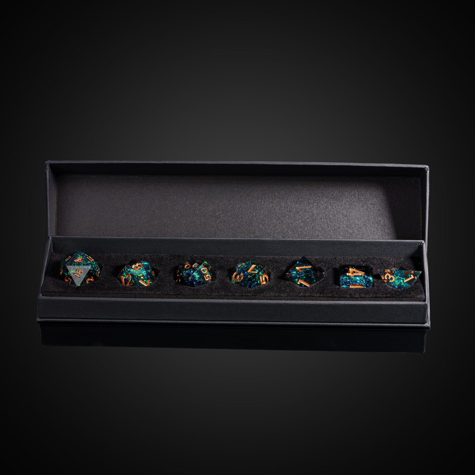 Supernova Remnant DND dice set displayed in black case