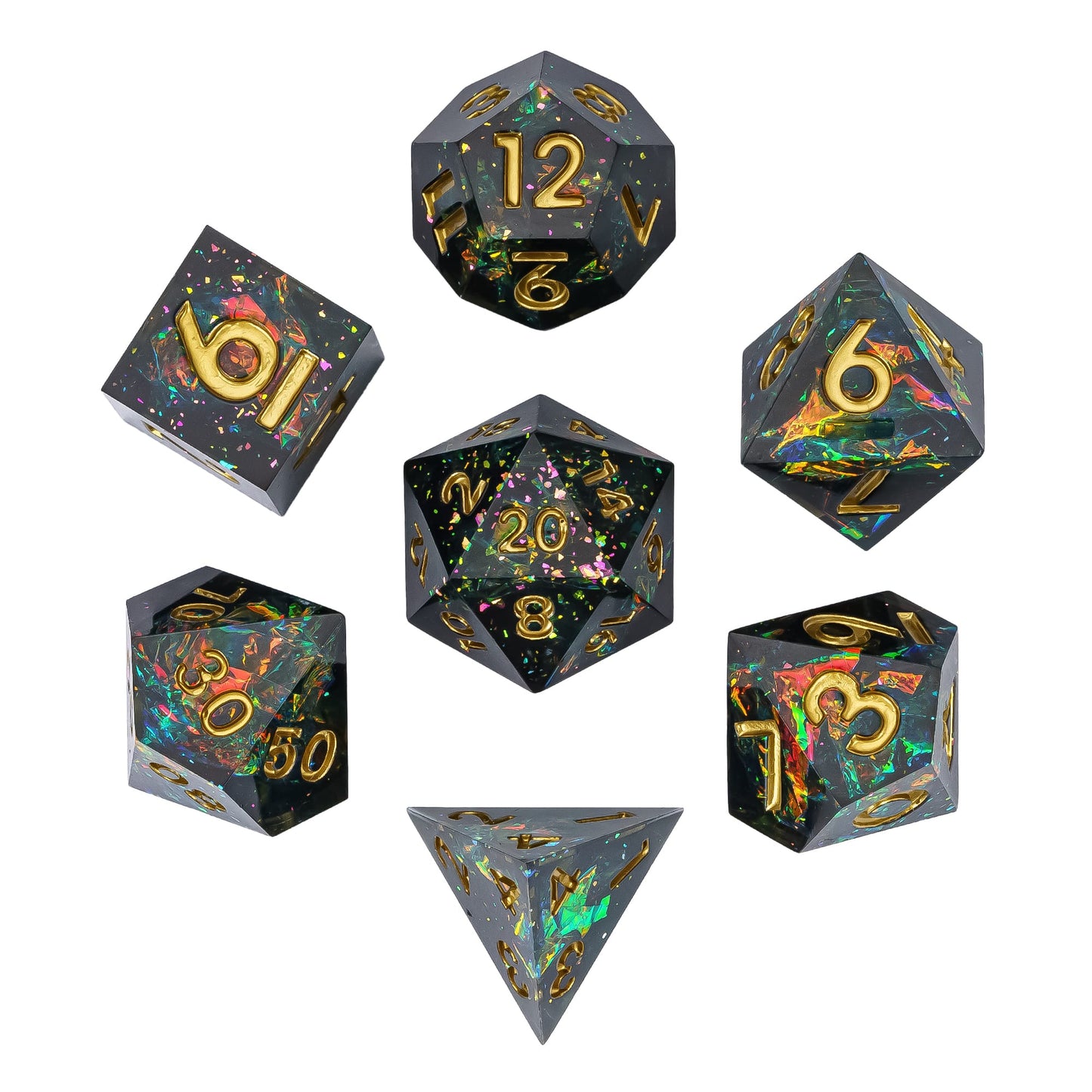 Supernova Remnant sharp edge dice set flat lay with gold numbers and galaxy foil