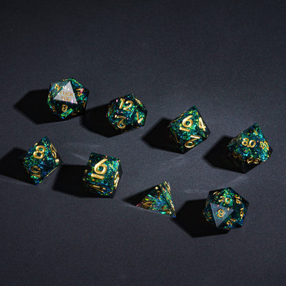 Flat lay of Supernova Remnant F*ck Me Sharp Edge Dice Set 7 piece collection for DnD & DnD 5e