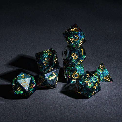 Supernova Remnant F*ck Me Sharp Edge Dice Set stacked display with shimmering cosmic effect for tabletop RPGs