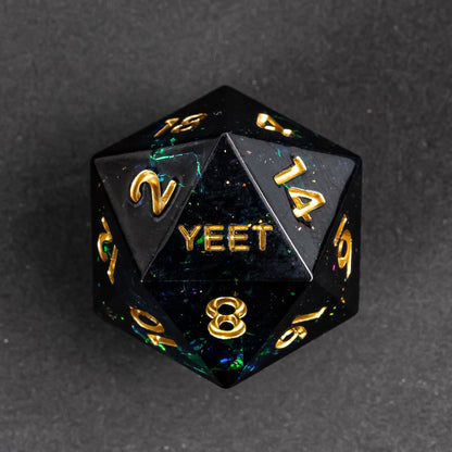 Close up of Supernova Remnant Yeet Sharp Edge D20 dice with galaxy-like shimmer for DnD & TTRPGs