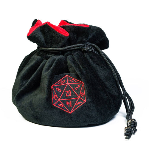 The Crit Cache Dice Bag Black variant with drawstring and Only Crits logo for DnD & DnD 5e dice storage