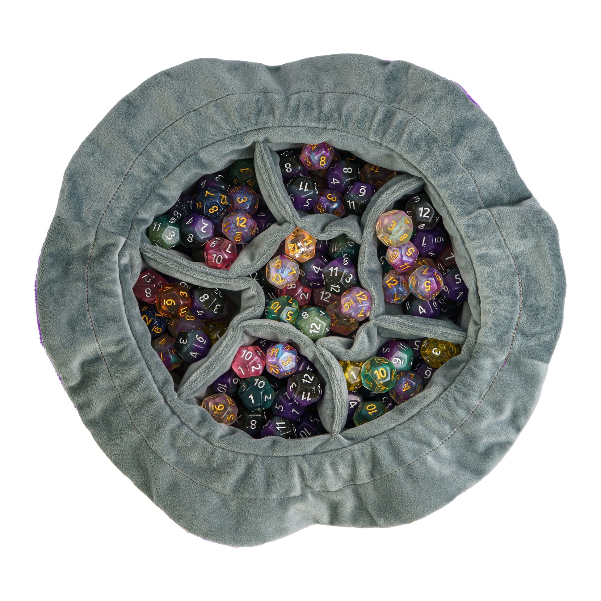 Open Crit Cache Dice Bag filled with assorted DnD & DnD 5e dice sets showing multiple storage pockets.