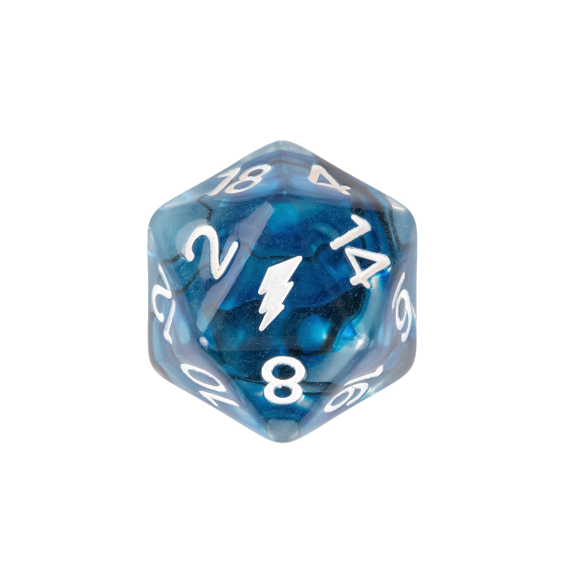 Thunderstrike Dice Set D20 close-up featuring swirling blue resin, white numbering, and an engraved lightning bolt symbol