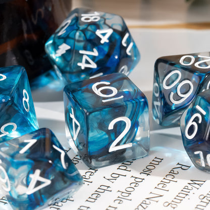 Thunderstrike Dice Set D6 close-up featuring swirling blue and gray resin with bold white numbering