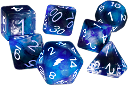Thunderstrike - Resin Dice Set for DnD and DnD 5e tabletop RPG sessions with blue resin dice and bag