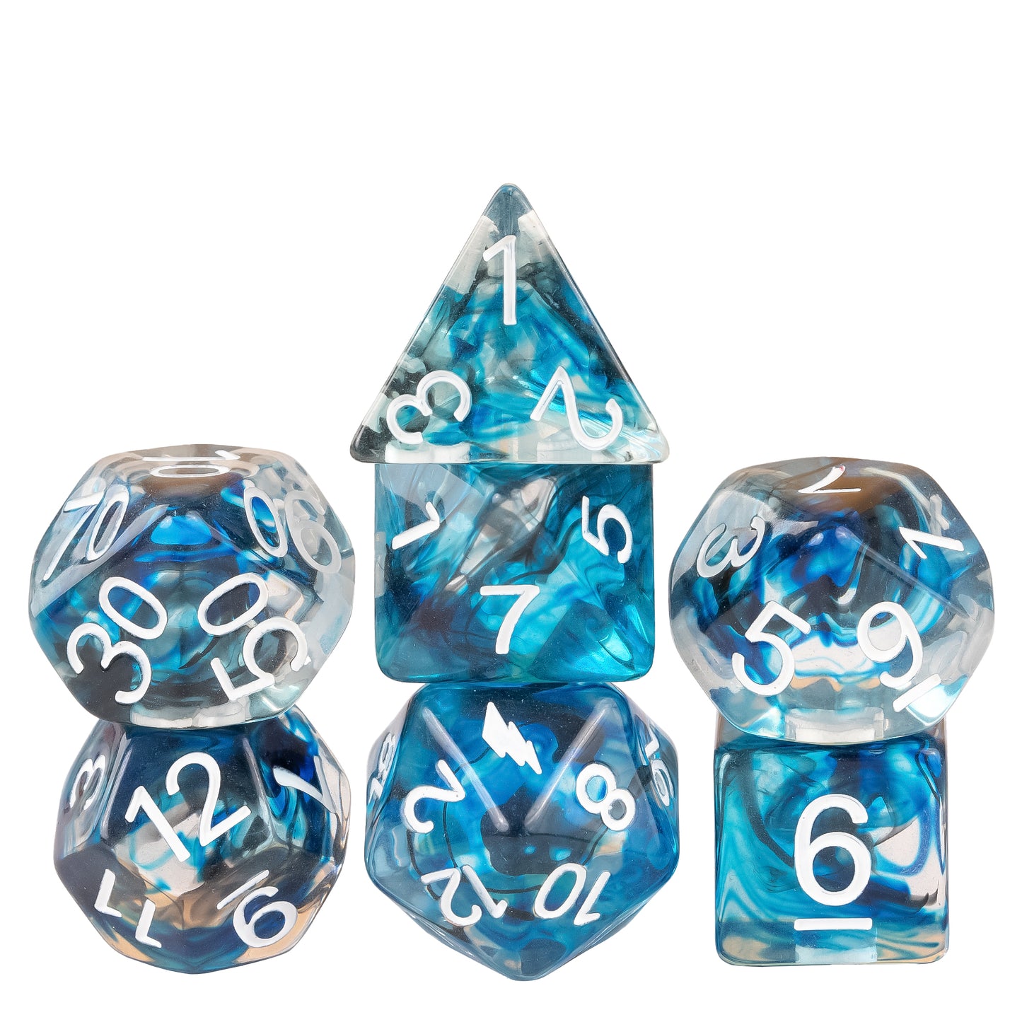 Thunderstrike Dice Set stacked display featuring swirling blue and gray resin with white numbering and a lightning bolt symbol