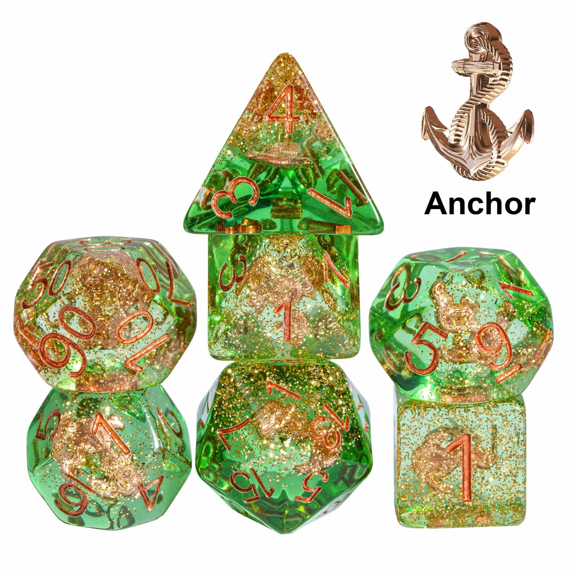Transparent Anchor dice set, green & gold resin polyhedral dice with embedded anchor for DnD