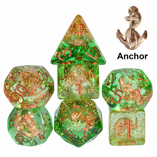 Transparent Anchor dice set, green & gold resin polyhedral dice with embedded anchor for DnD