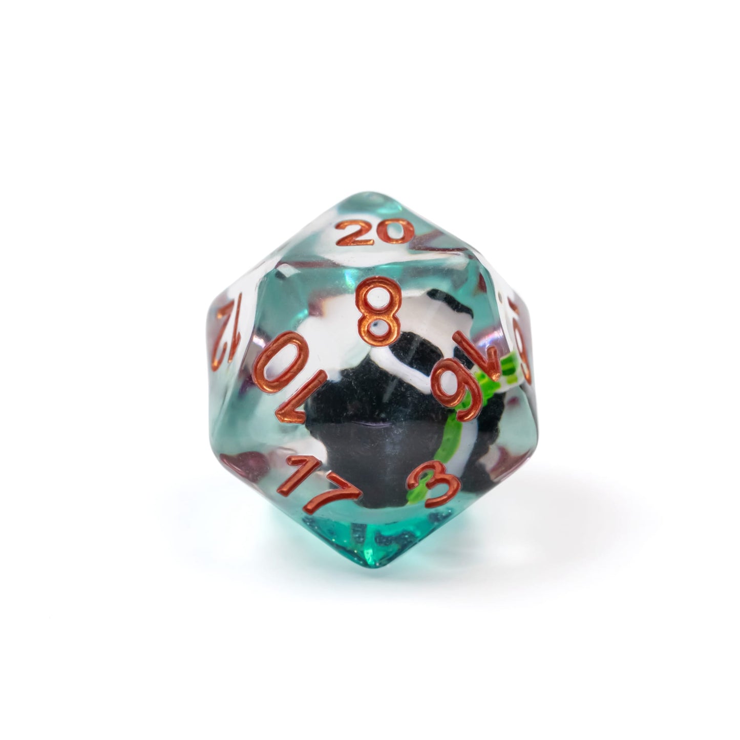 Close-up of D20 from Transparent Bamboo Panda Dice Set showing panda and green bamboo details