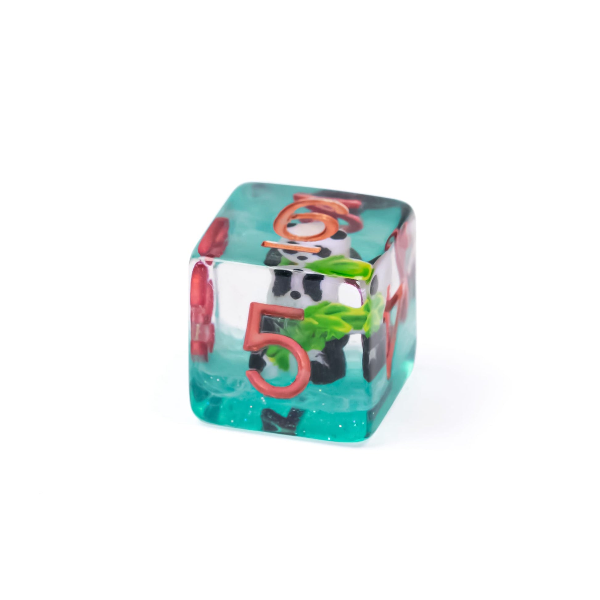 Close-up of D6 from Transparent Bamboo Panda Dice Set featuring panda and leaf details inside resin