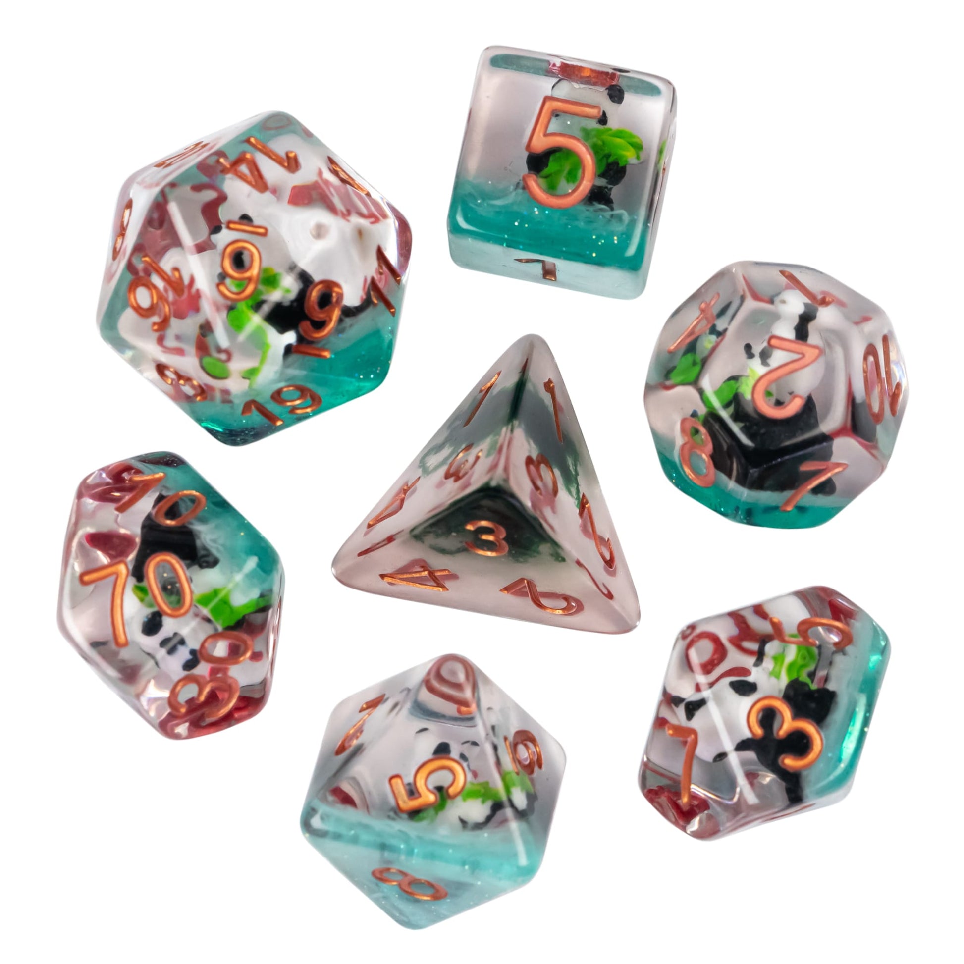 Front view of Transparent Bamboo Panda Dice Set with copper numbers and panda figures for DnD