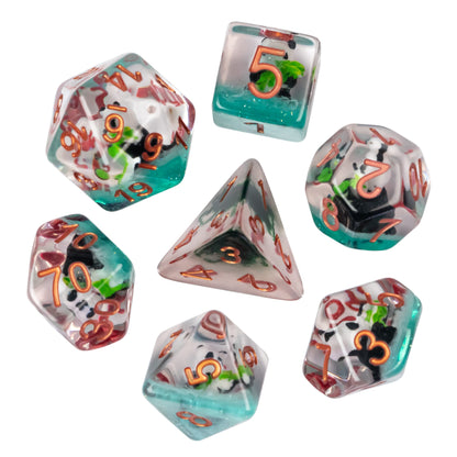 Front view of Transparent Bamboo Panda Dice Set with copper numbers and panda figures for DnD