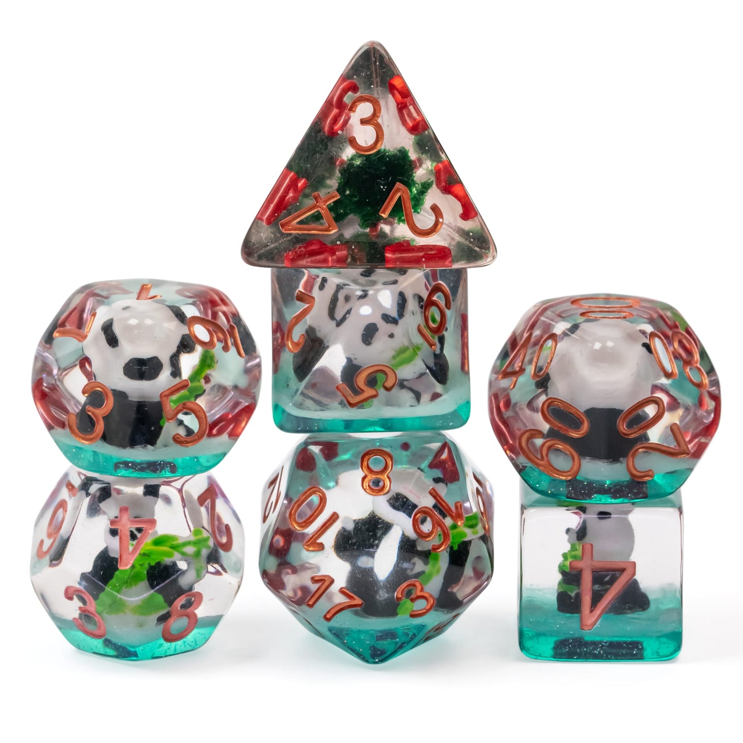 Front view of Transparent Bamboo Panda Dice Set with copper numbers and panda figures for DnD