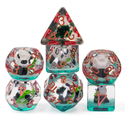 Front view of Transparent Bamboo Panda Dice Set with copper numbers and panda figures for DnD