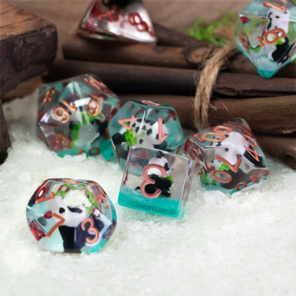 Transparent Bamboo Panda Dice Set arranged on white crystals with natural wood accents