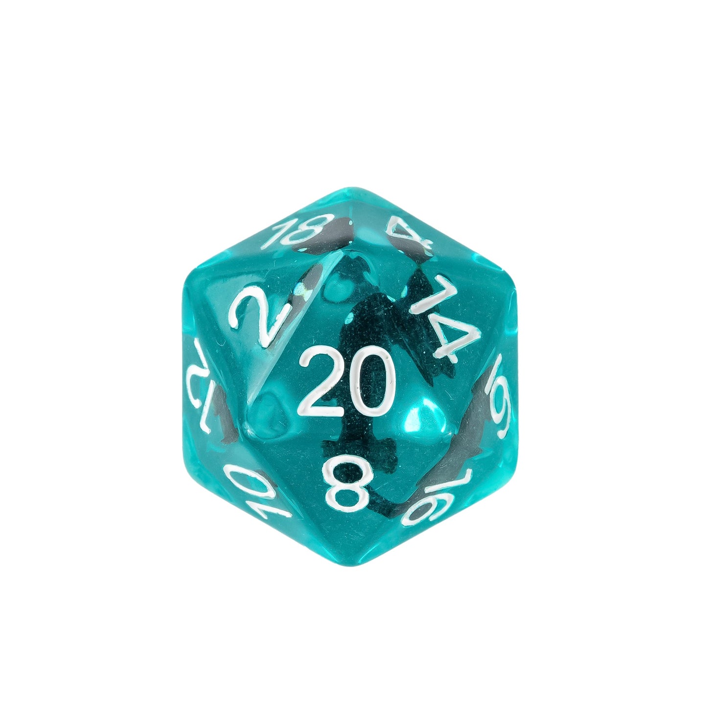 Close up of Transparent Black Shark D20 featuring a miniature black shark suspended in teal transparent resin with white numbering