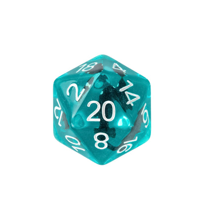 Close up of Transparent Black Shark D20 featuring a miniature black shark suspended in teal transparent resin with white numbering
