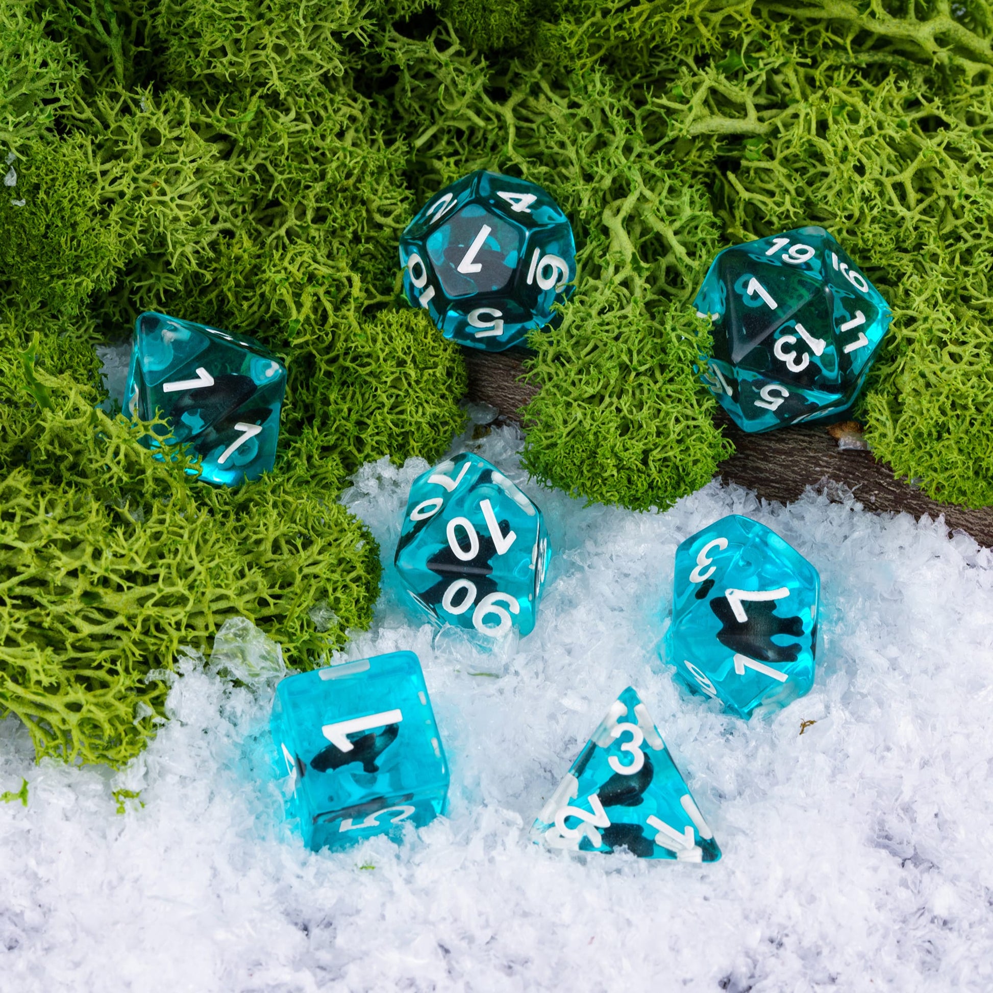 Transparent Black Shark Dice Set polyhedral resin dice with miniature shark in moss and snow