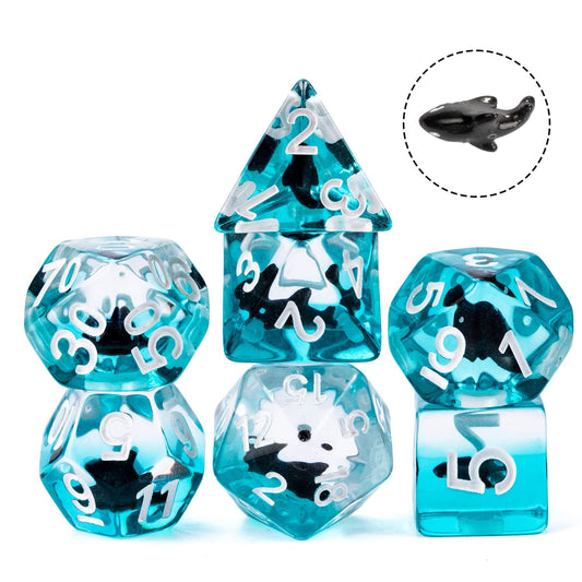 Transparent Black Shark Dice Set resin polyhedral dice with miniature shark detail for DnD & RPG
