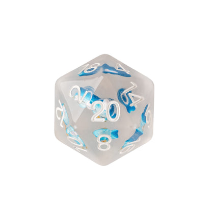 Transparent resin D20 featuring a miniature blue penguin inclusion with white numbering