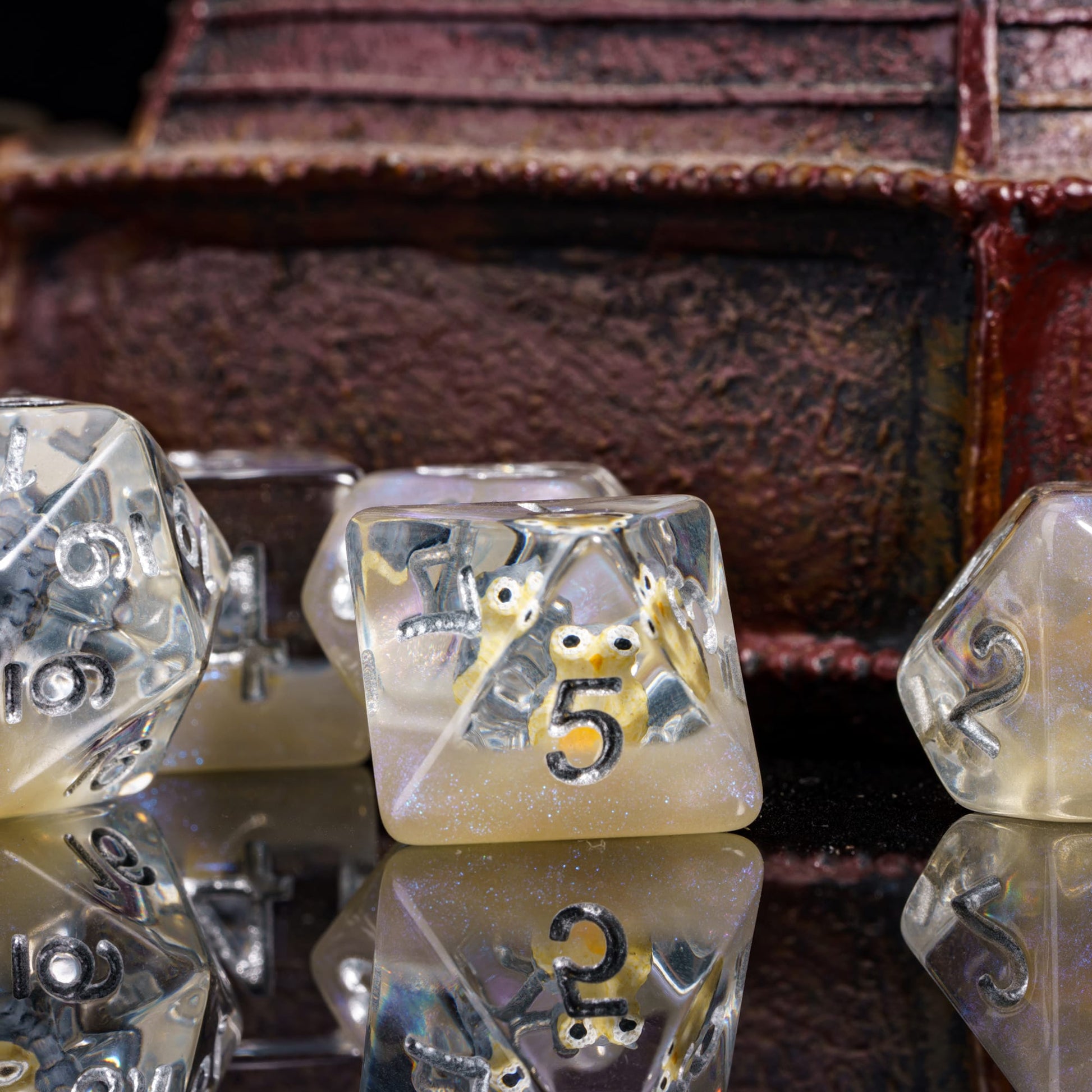 Transparent Brown Owl Dice Set resin dice with detailed miniature owl figure inside for TTRPG.