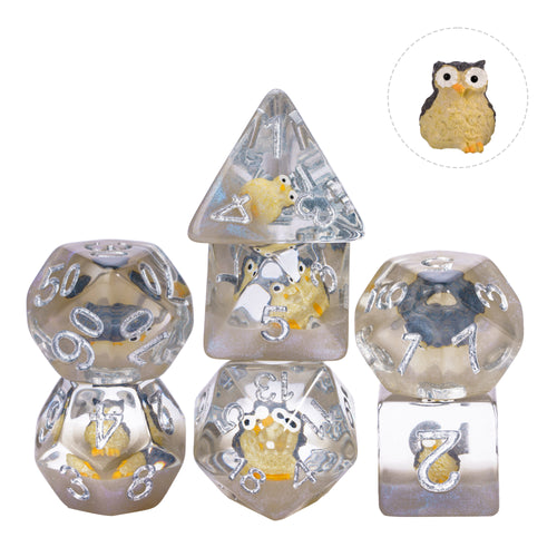 Transparent Brown Owl Dice Set resin polyhedral dice with embedded owl figurine for DnD.