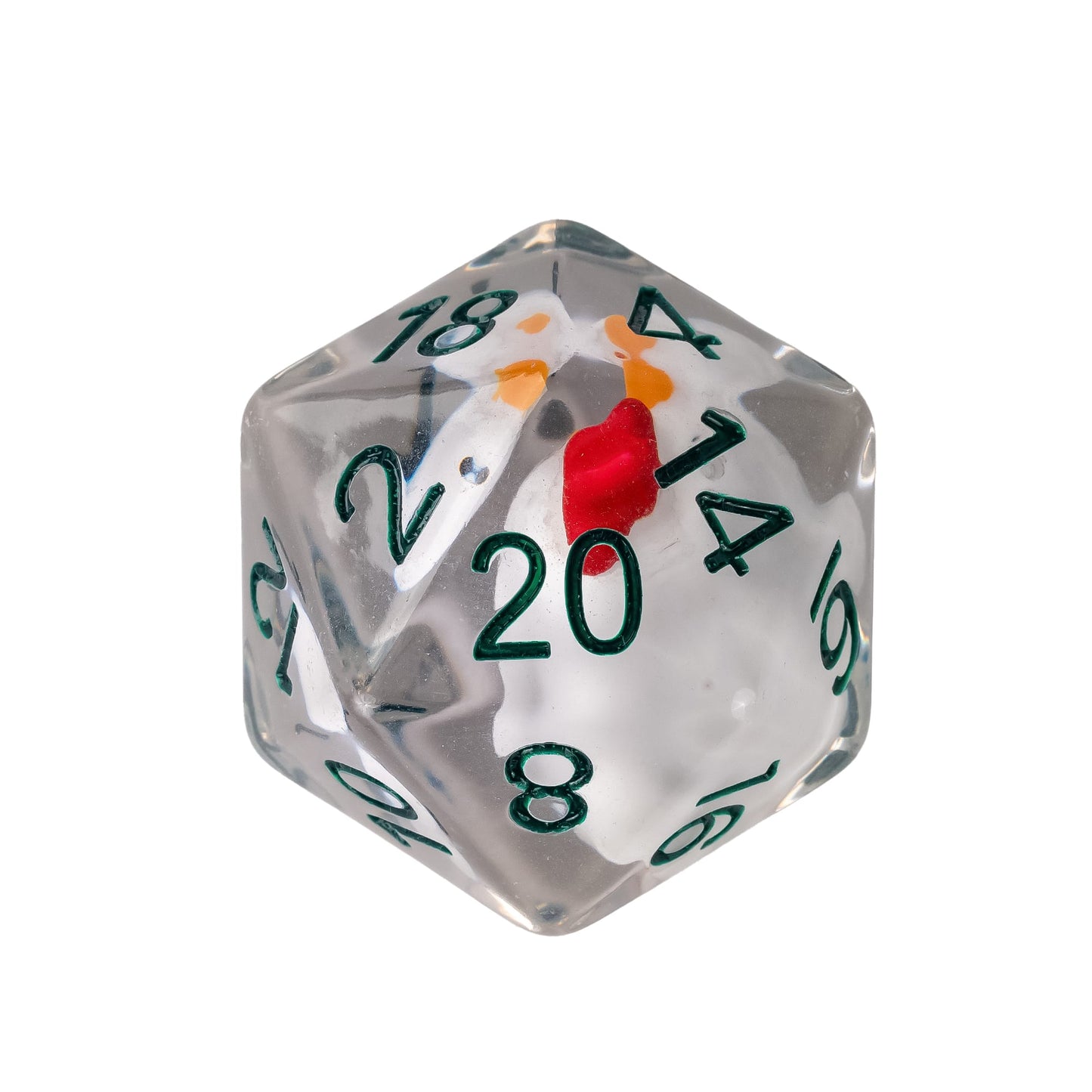 Transparent resin D20 featuring a miniature chicken inclusion with green numbering