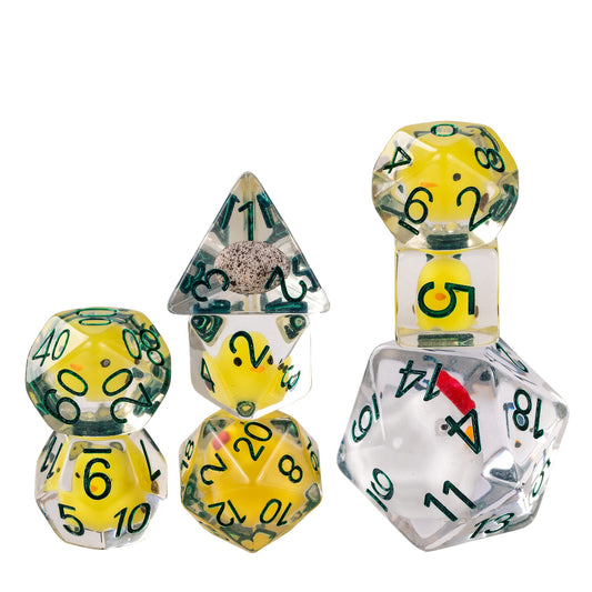 Transparent chicken dice set with miniature chick and egg inclusions suspended in clear resin with green numbering