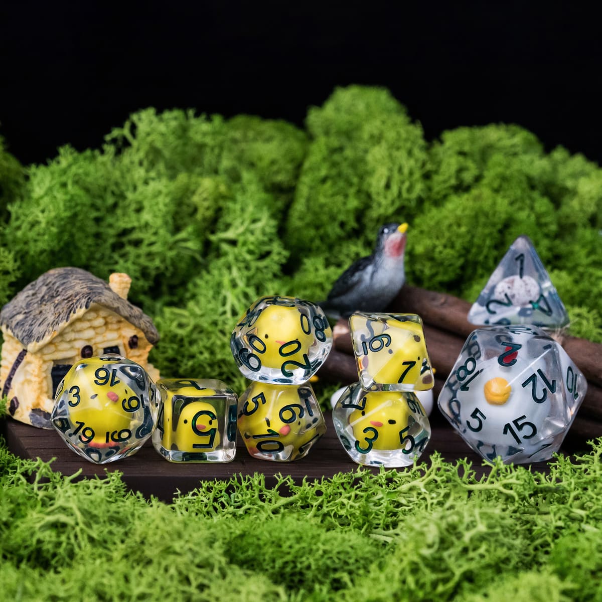 Clear resin dice set with yellow chicken design for tabletop RPG