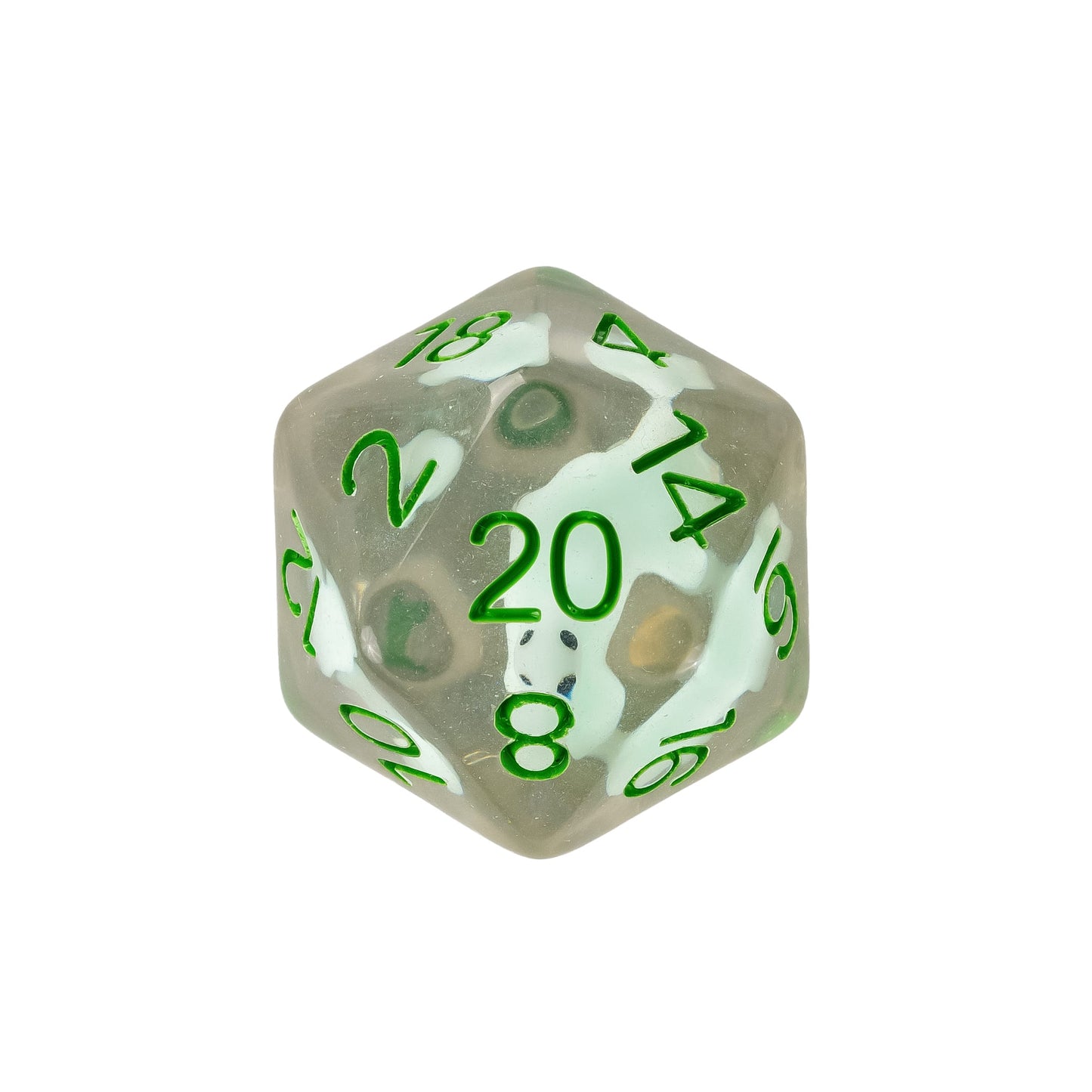 Close up of Transparent Dino resin D20 featuring a suspended dinosaur inclusion inside clear resin with white numbering for Dnd