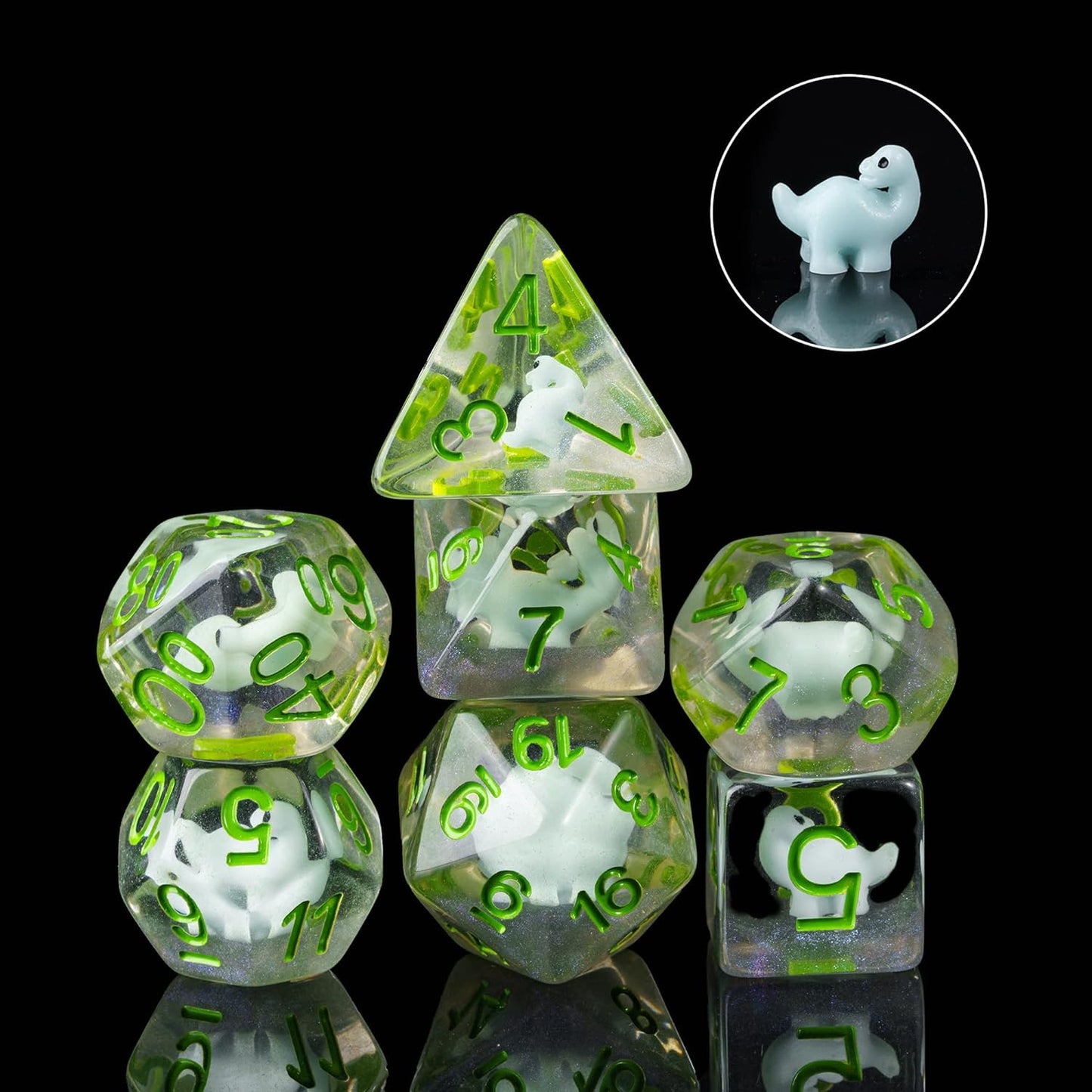 Detailed view of Transparent Dino Dice Set with white dino figures and clear resin design