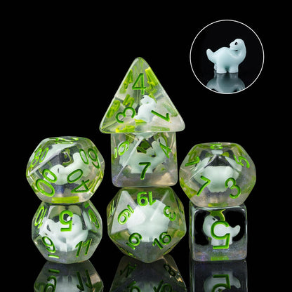 Detailed view of Transparent Dino Dice Set with white dino figures and clear resin design