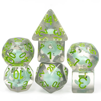 Stacked Transparent Dino Dice Set with glowing green numbers and white resin dinosaur figures