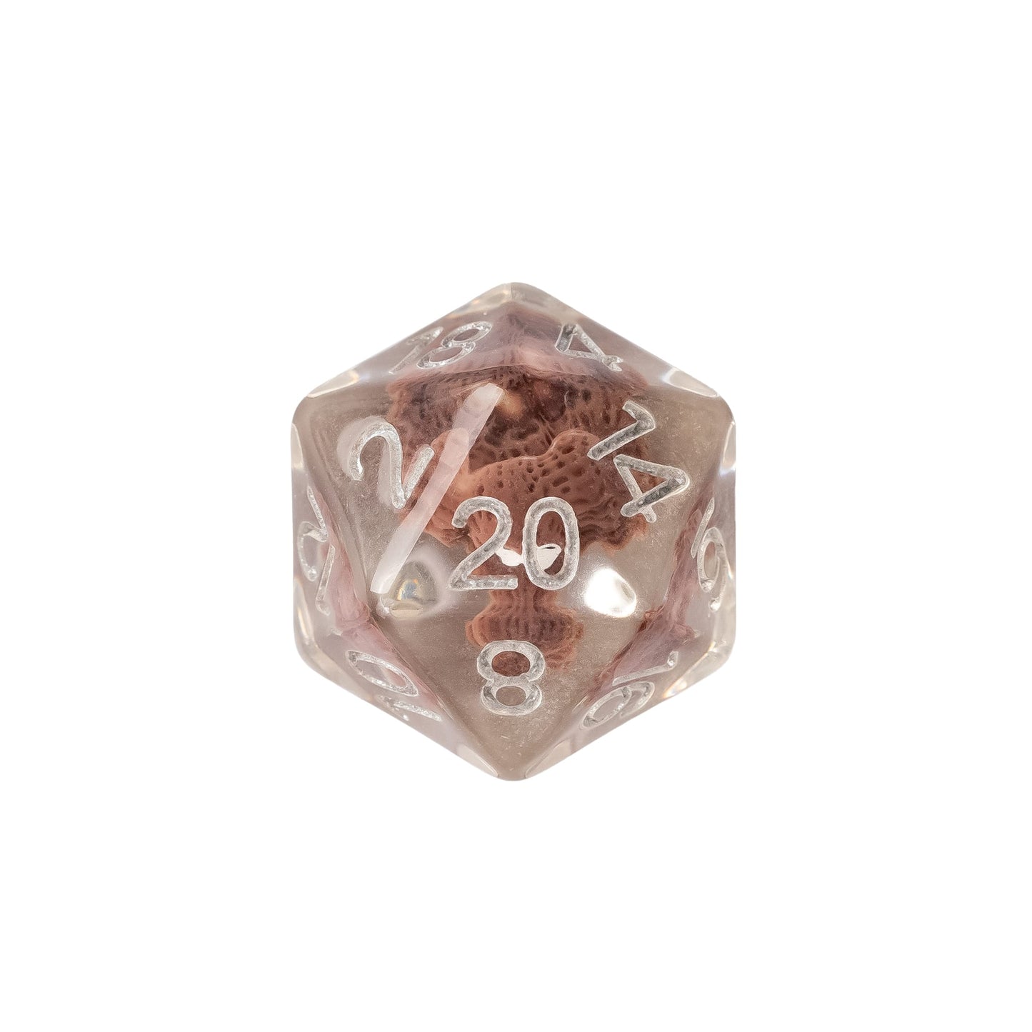 Transparent Doggo D20 featuring an adorable miniature dog suspended inside clear resin with easy-to-read silver numbering for DnD